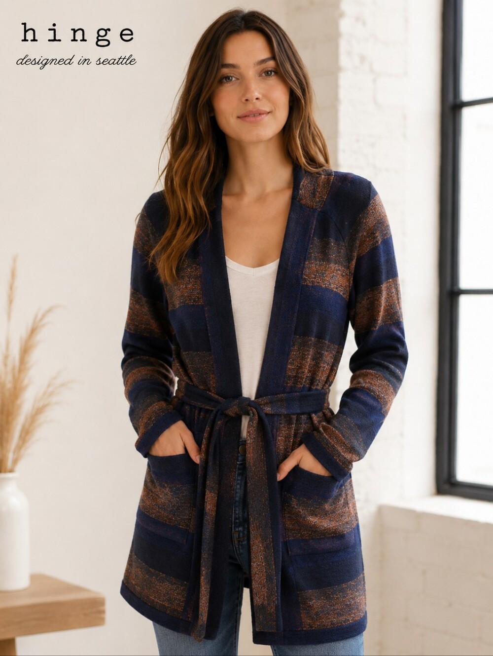 Hinge Cardigan Long Sweater Belted Blue Brown Boho Knit Comfort Chic Size Large